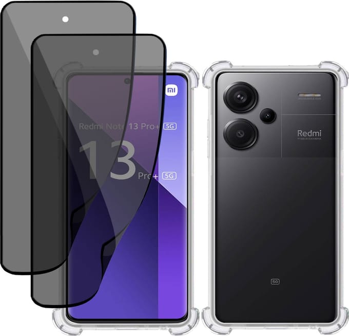 Hoesje + 2x Privé Screenprotector geschikt voor Xiaomi Redmi Note 13 Pro+ – Privacy Folie- Case Transparant