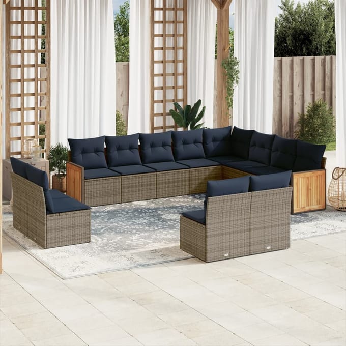 vidaXL - 12-delige - tuinbankset - met - kussens, - grijs - polyrotan