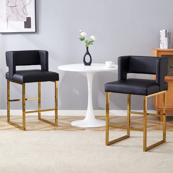 MODFU Barkruk set van 2, PU-leer, metalen poten in goudkleur, Scandinavisch ontwerp