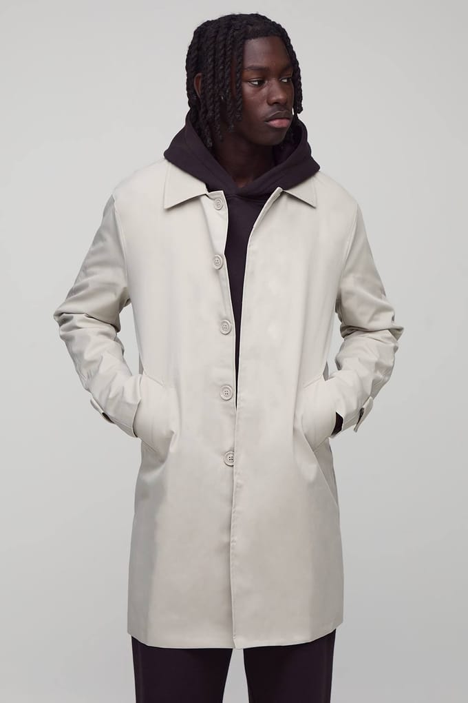 Single Breasted Poly Twill Mac Jacket | Stone | Size Medium