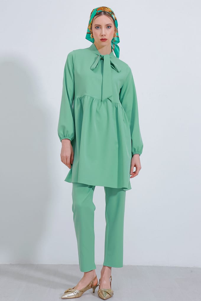 Lang Tuniek en Broek Twee-Delige Set met Hemd Kraag