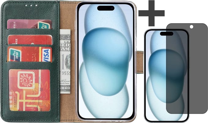 Hoesje met Privacy Screenprotector Geschikt voor iPhone 15 Plus – Arara bookcase met pasjeshouder - Groen