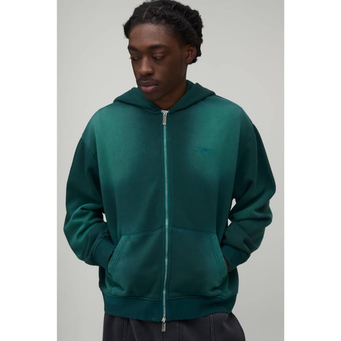 Oversized Boxy Spray Wash Man Embroidered Double Ended Zip Through Hoodie | Green | Size Medium