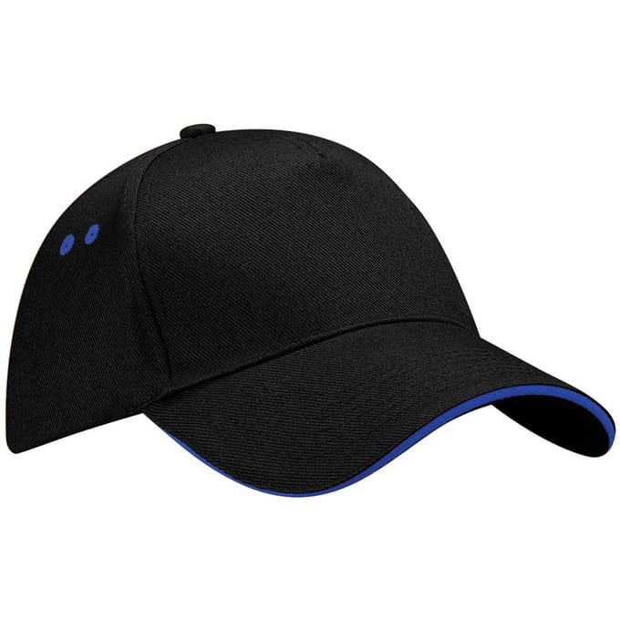 Beechfield Unisex Ultimate 5 Panel Contrast Baseball Cap met Sandwich Peak / Hoofddeksel (Pakket van 2) (Black/Bright Royal)