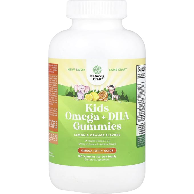 Nature's Craft, Gommes Oméga + DHA pour Enfants, Citron & Orange, 180 Gommes