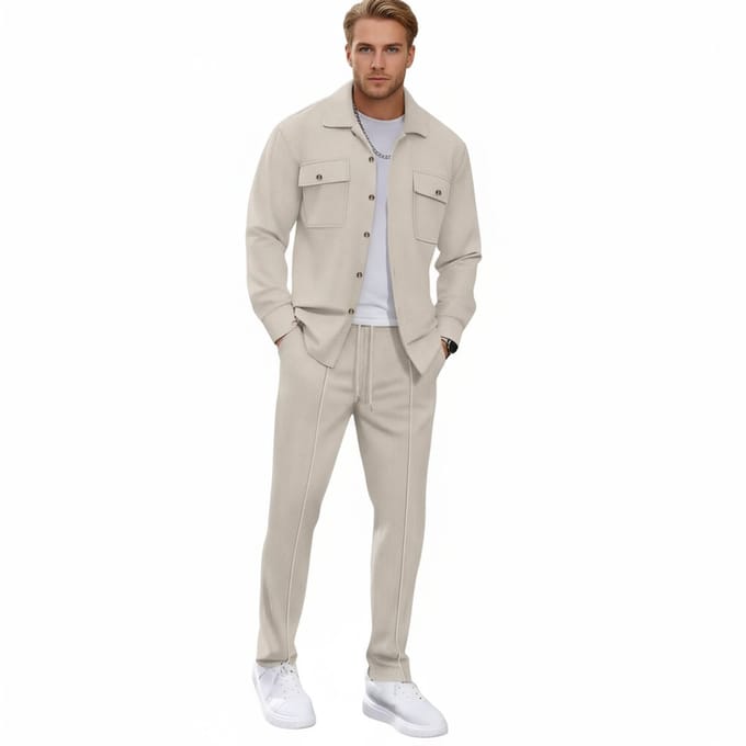 Lounge Kleding set Heren - Blouse Vest - Lange Broek - Wit - Beige