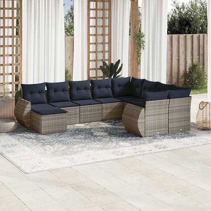 vidaXL - 10-delige - tuinbankset - met - kussens, - grijs - polyrotan