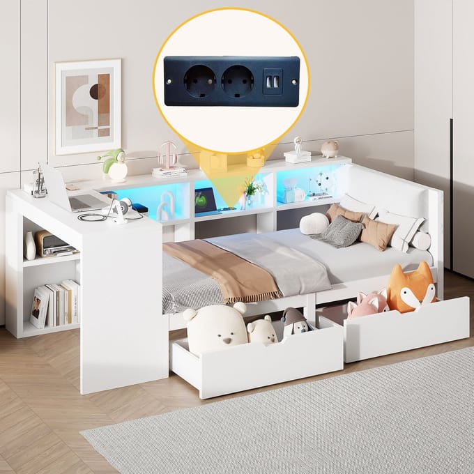 REDOM Bedframe 90x200 cm van MDF – Met linnen hoofdbord, LED, 2 lades, planken en USB/stopcontact – Wit
