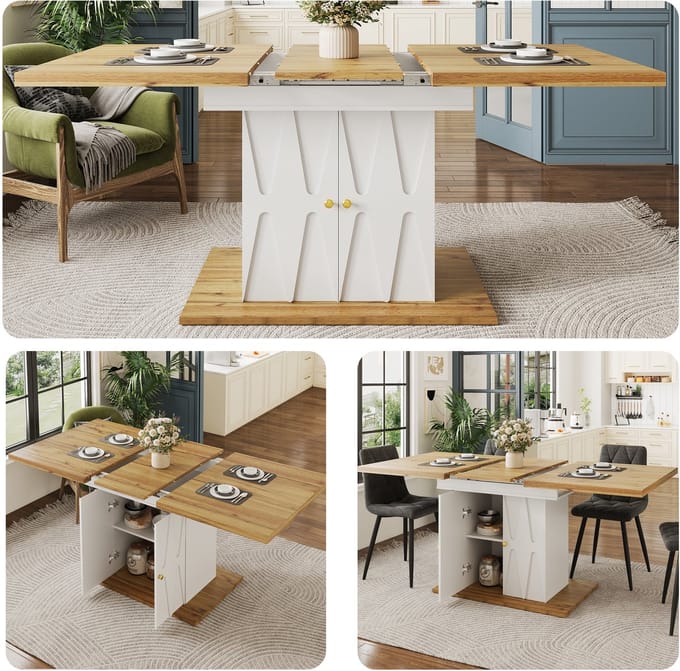 Eettafel - 110-140 x 70 x 76.5 cm - Uitschuifbare Tafel met Reliëfdecor - Houtfineer - Houtkleur