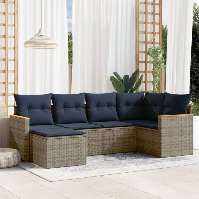 vidaXL - 6-delige - tuinbankset - met - kussens, - grijs - polyrotan