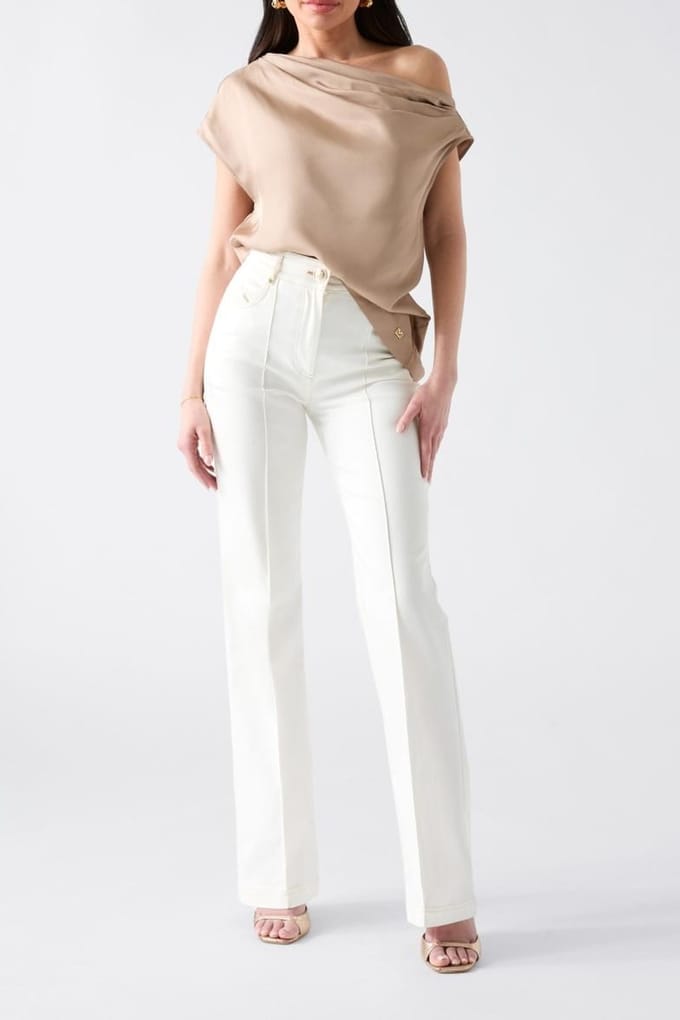 GUESS Dorian Draped Ss Top Natural Almond Größe: 40 | Blusen Outlet | Damen | Braun