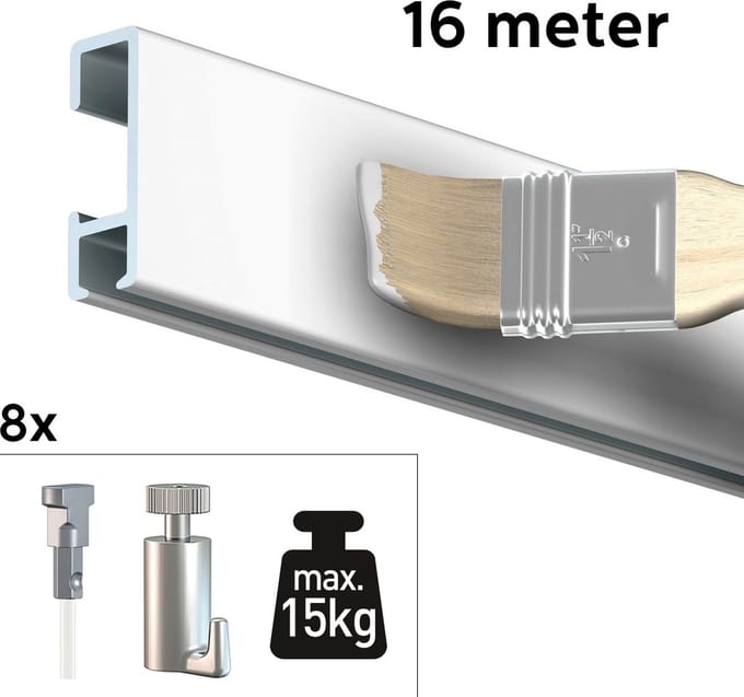Artiteq Schilderij Ophangsysteem 16 meter All-in-one Click Rail 15kg / Wit Primer RAL 9016