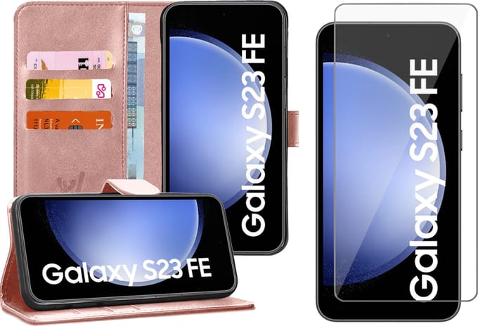 Hoesje geschikt voor Samsung Galaxy S23 FE - Screenprotector Glas - Portemonnee Book Case Rosegoud