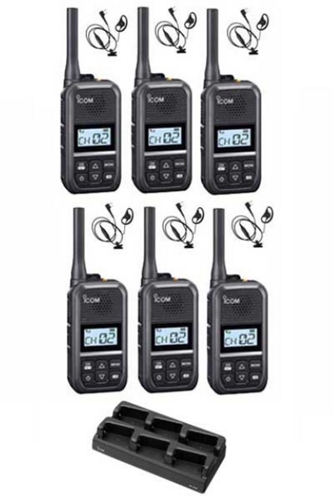 Set van 6 Icom IC-U20SR IP54 mini Portofoon met multilader en D-shape oortje