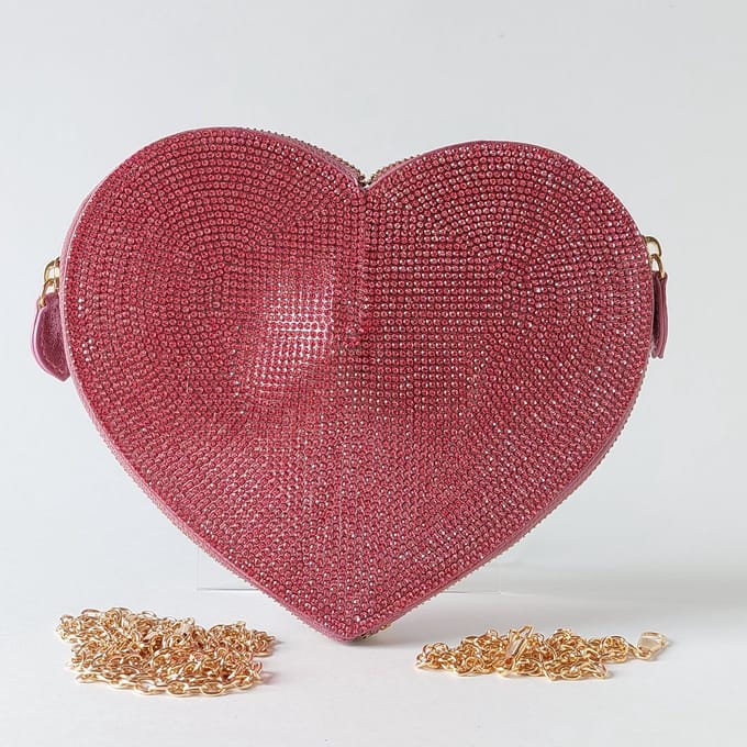 Clutch Dames - Hartvorm - Roze met Glanssteentjes - Glitter Avondtas