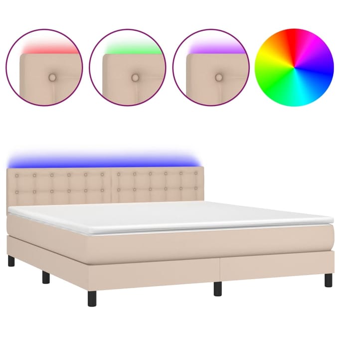 vidaXL - Boxspring - met - matras - en - LED - kunstleer - cappuccinokleur - 160x200cm