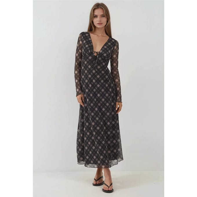 Diepe V-hals Elegante Midi Ruit Bodycon Jurk