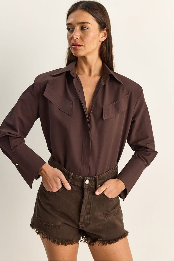 Casual Lange Mouwen Knopsluiting Poplin Shirt met Pocket
