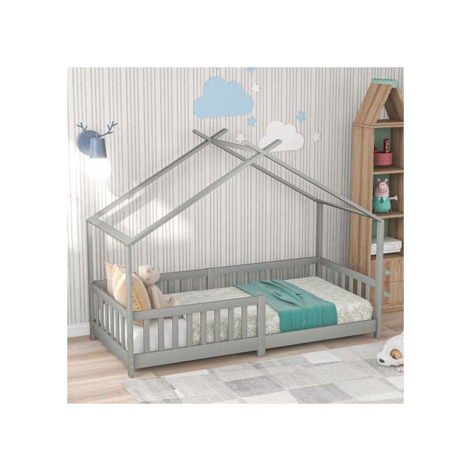 Lit d'enfant - MUVOE - 200x90cm - Bois massif - Gris - Barrière de sécurité gris