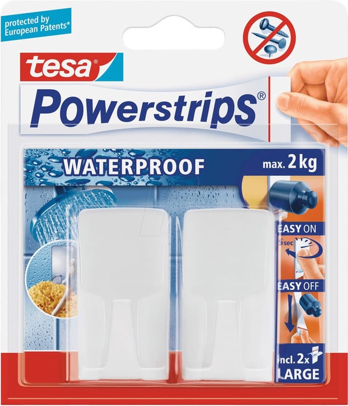 Tesa powerstrips ophanghaken - 4x - wit - kunststof - waterproof - zelfklevend