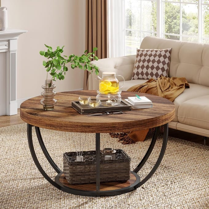Tribesigns - Rond 80CM - Bijzettafel - Salontafel - Tafel - Sidetable - Bruin en zwart - MDF-Plaat & Metaal