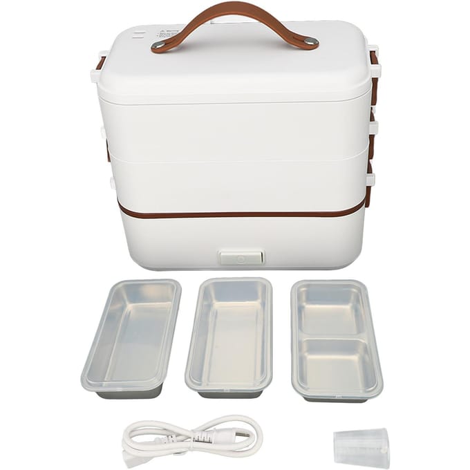 Elektrische Lunchbox Voedselverwarmer 3 Lagen 1,2L Capaciteit 304 Roestvrij Staal Lekvrij Verdeelde Verwarming L white