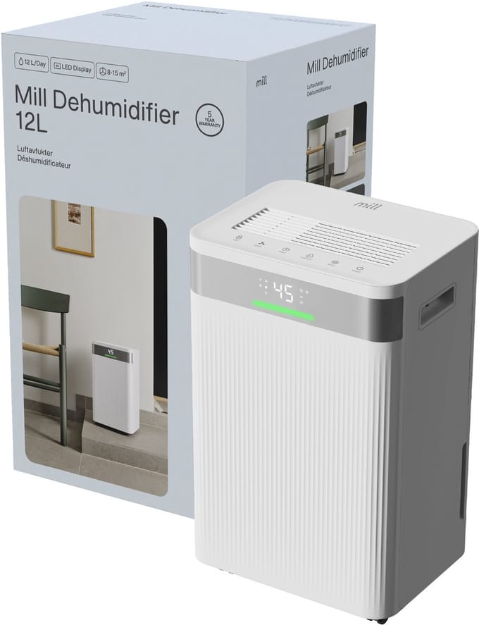 Mill MDH12 luchtontvochtiger - tot 24m2 - 12 liter per dag - timer - programma voor drogen wasgoed- 5 jaar garantie