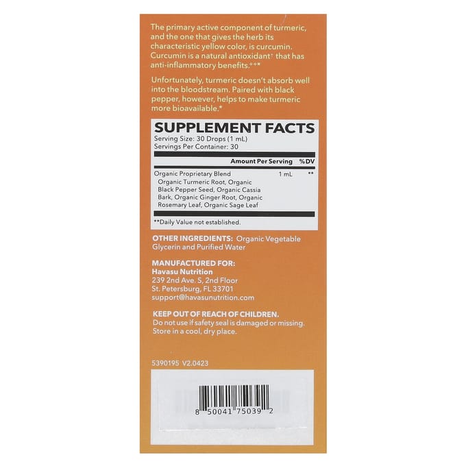 Havasu Nutrition, Gouttes Liquides de Curcuma, Sans Arôme, 1 fl oz (30 ml)