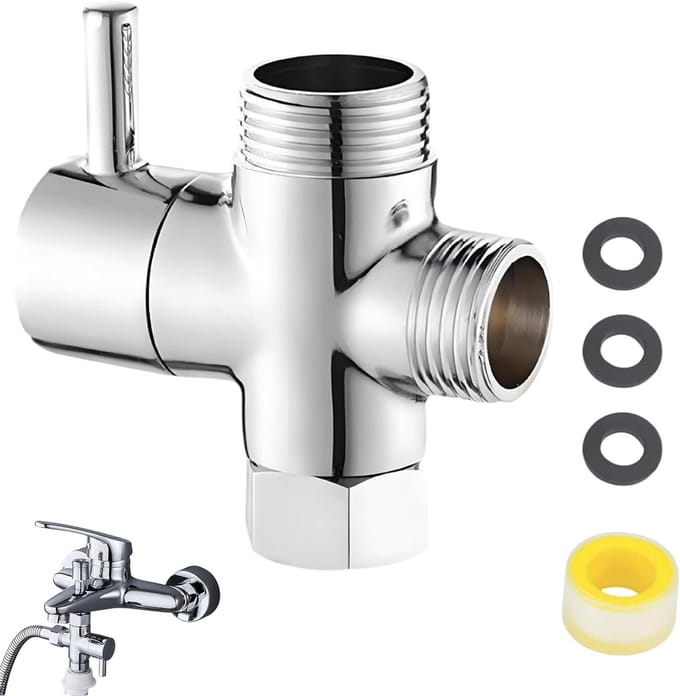 3-weg omstelventiel 1/2 inch voor douche, solide messing, chroom, douche-afvoer, T-adapter en waterbesparing