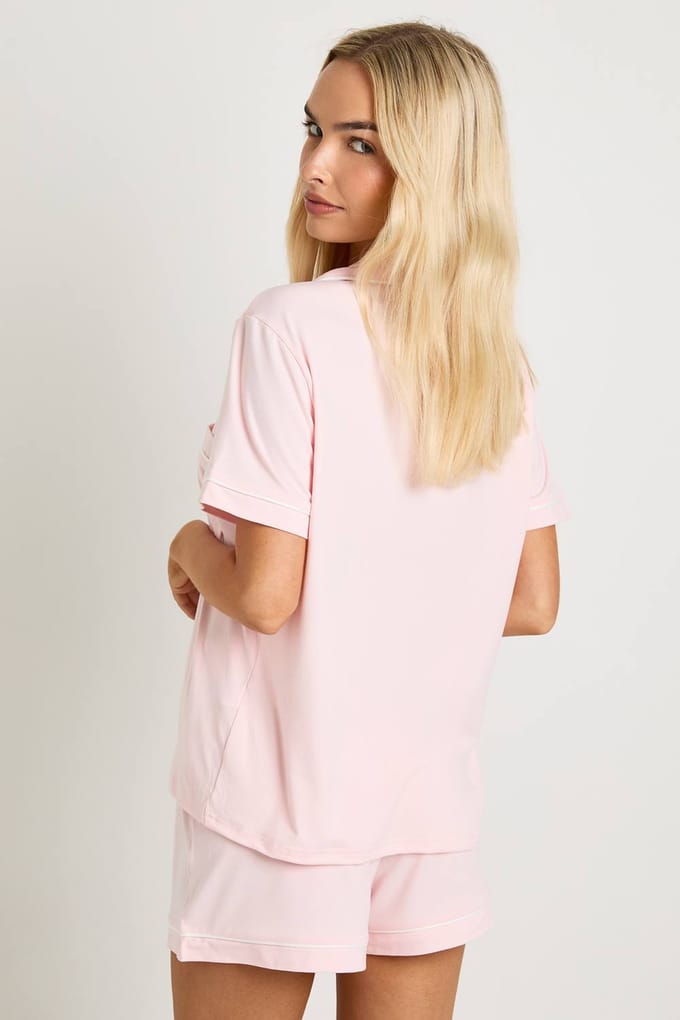 boohoo Dames Jersey Pyjama Set met Biesdetails - Korte Mouwen Shirt & Short | Roze | Maat: 42