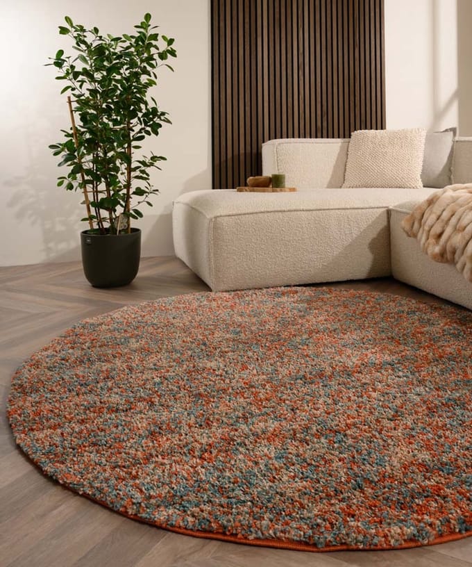 Rond hoogpolig vloerkleed - Blend oranje/blauw 80