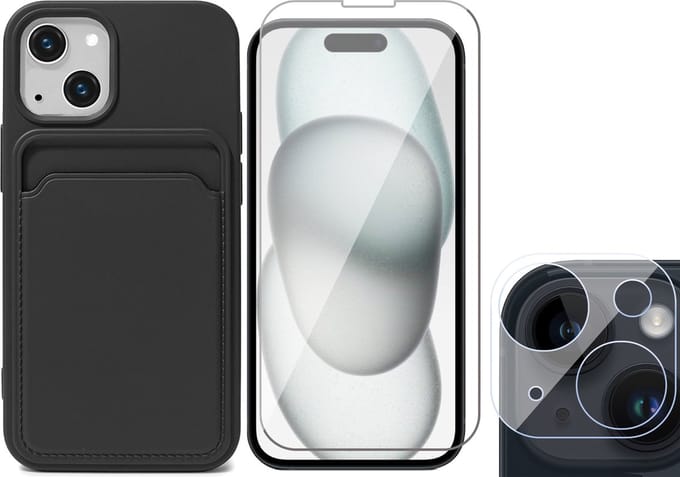 Hoesje Pasjeshouder geschikt voor iPhone 15 - Screenprotector GlassGuard + Camera Lens Screen Protector - Siliconen Case Back Cover Zwart