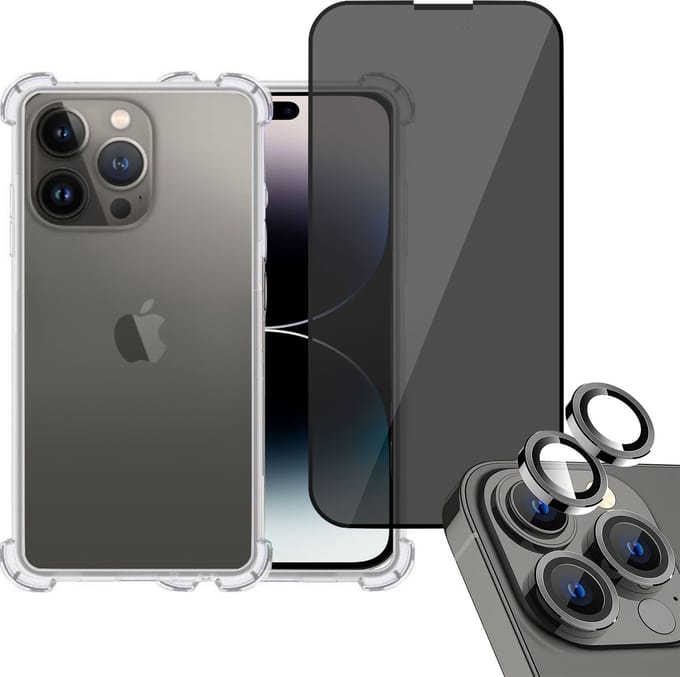 Hoesje geschikt voor iPhone 14 Pro + Privé Screenprotector + Beschermglas Camera Lens - Privacy Tempered Glass - Case Transparant