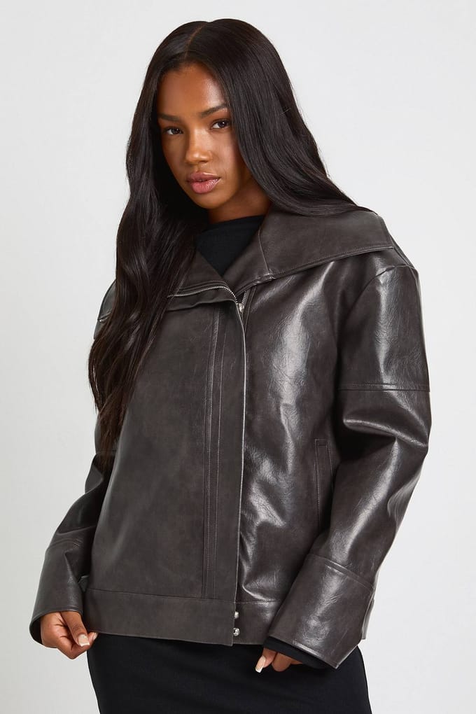 boohoo Dames PU-jack met oversized kraag | Grey | Maat: 8