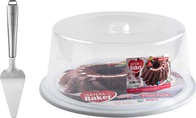 Plasticforte Taart/gebakjes bewaardoos - rond D32 x H15 cm - bodem wit - met taartschep rvs 27 cm