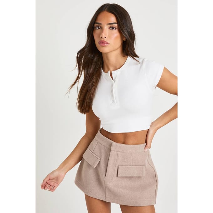 boohoo Dames Petite Wol Mini-Rok | Taupe | Maat: 14