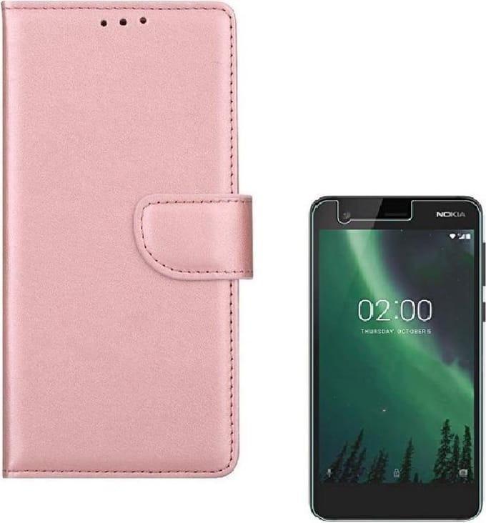 Nokia 2 Portemonnee hoesje Rose Goud met 2 stuks Glas Screen protector
