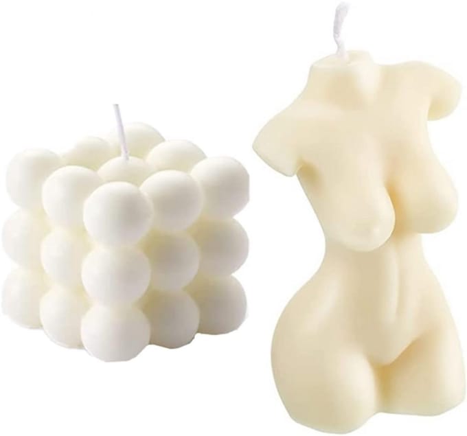 Set van 2 vrouwelijke lichaamsvormige en bubble cube kaarsen in art deco-stijl