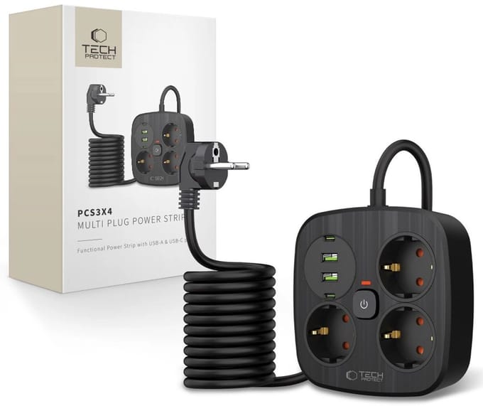 Tech-Protect PCS3X4 Power Strip 3 AC Outlets 2xUSB-A 2xUSB-C 200 cm - Black