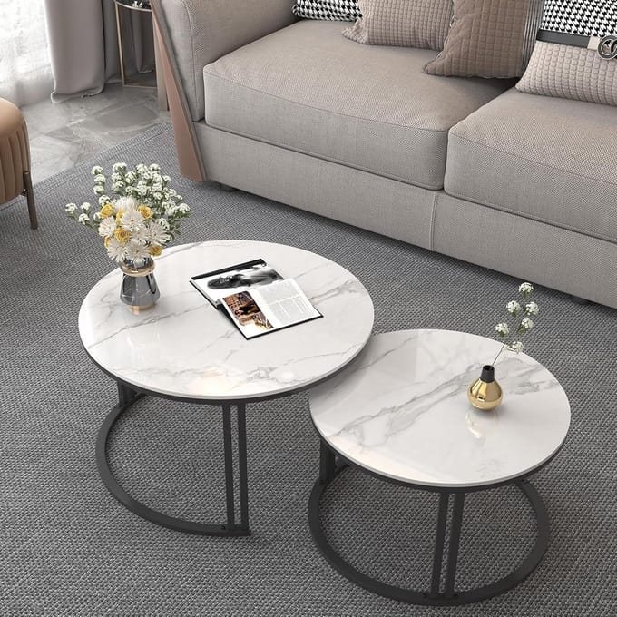 Ronde marmeren salontafel Set van 2 - Glanzend wit, gesinterd steen voor woonkamer en balkon