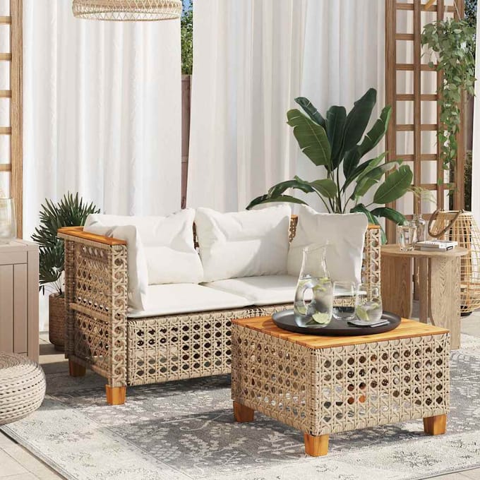 vidaXL - Tuinbanken - 2 - st - met - kussens - poly - rattan - beige