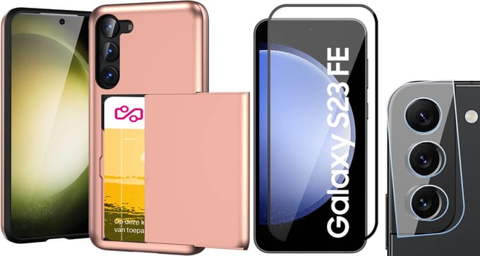 Hoesje met Pasjeshouder geschikt voor Samsung Galaxy S23 FE - Screenprotector FullGuard & Camera Lens Screen Protector - Back Cover SlideCase Roségoud