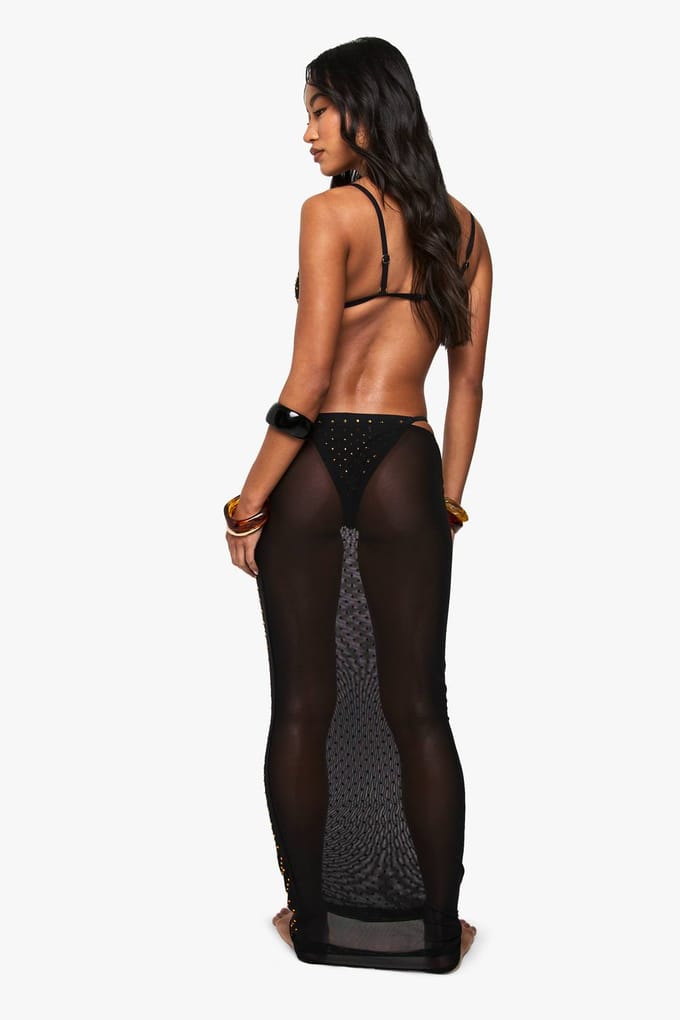 boohoo Dames Premium Swim Hot Fix Diamante Strandrok | Black | Maat: 14