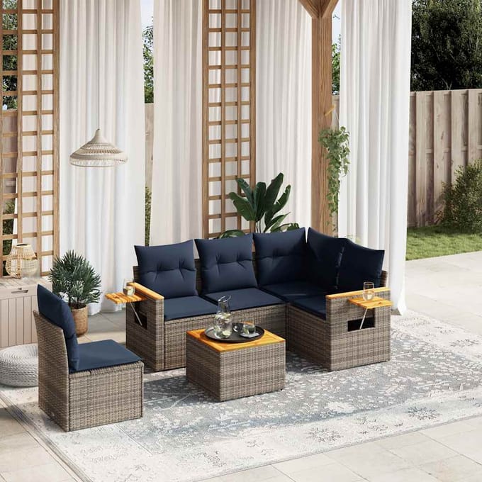 vidaXL - 6-delige - Loungeset - met - kussens - poly - rattan - grijs