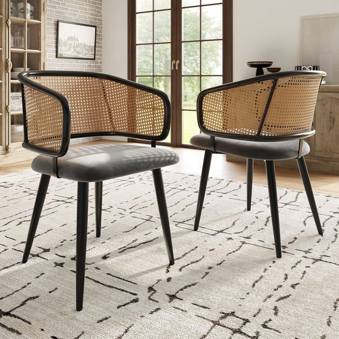 REDOM - Eetkamerstoel - Rotan Rugleuning - Ergonomisch - Modern - Voor Eethoek - Fluweel - Grijs - 47 x 51 x 79 cm