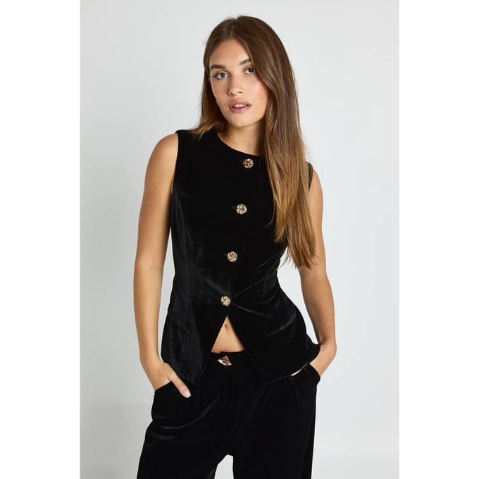 boohoo Dames Fluweel met gouden afwerking, getailleerd vest | Zwart | Maat: 42
