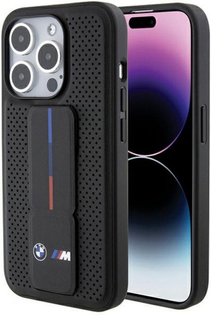 BMW M Perforated Grip Stand Back Case - Geschikt voor Apple iPhone 15 Pro (6.1") - Zwart