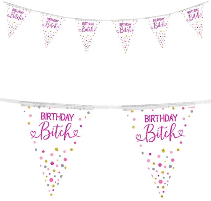 Oaktree - Vlaggenlijn Birthday bitch holografisch roze (3,9 m)