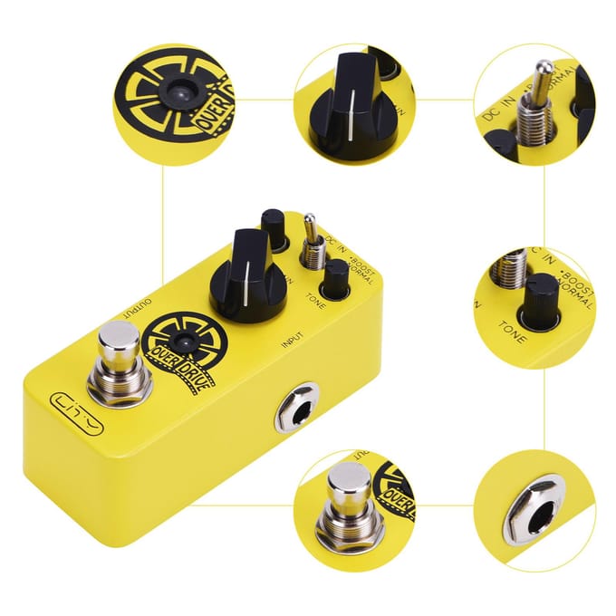 Lity Overdrive Gitaarpedaal Overdrive Mini Pedaal met 2 Modi van NORMAAL/BOOST Geluid van Buizen geel