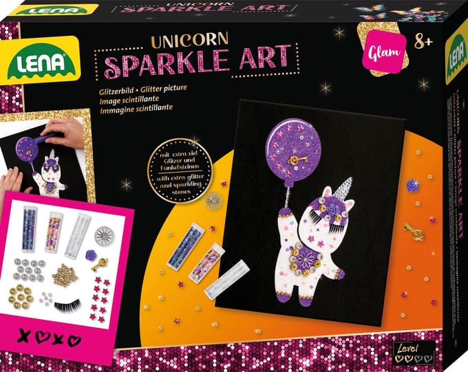 Lena knutselset unicorn sparkle art met hoes en glitters.